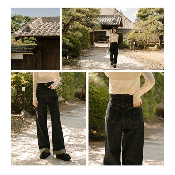 Queenshop Straight-leg Denim Trousers with Pleated Hems Dark Wash - Picture 1 of 5